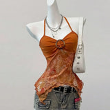 SHOPMOCHO Pink Sexy Spicy Girl Neck Hanging Strap Vest Women's Printed Mesh Splice Slim Fit Bared Chest Top Elegant Commute Style 2026