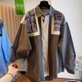 Shopmocho Korean Spring Summer New 2025 Print Spliced Striped Long-Sleeved Shirt Women's Loose Casual  All-match Lapel Blouse Lady Tops