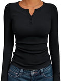 SHOPMOCHO Fashionable Women's Long Sleeve Slim Fit Autumn 2025 Henry Collar T-Shirt Ribbed Basic Style Top for Ladies