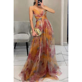 SHOPMOCHO-Elegant Print Pleated Mesh Evening Dress Sexy Off Shoulder Ins Vacation Long Dress Summer V Neck High Waist Backless Sling Dress