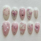 Shopmocho 24PCS Wine Red Almond Press on Nails Cartoon Rabbit Bowknot with Plaid Pearl Designs French Fake Nails for Girls Detachable Nail