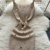 Shopmocho Sexy Knitting Split Long Dress Sleeveless Sequins Diamonds With Sashes Skinny Sundress 2025 Fashion Women Summer Dress