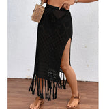 Shopmocho Women Knitted Texture Sarong Skirts Sexy High Slit Tassel Cover-Up Beach Summer Vacation Wrapped Skirt Bikini Cover Up