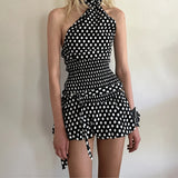 Shopmocho Kawaii Plaid/Dots Print Backless Halter Crop Camis Tops + Low Waist Bubble Mini Skirt Vintage 2 Piece Set Women Y2k Outfits