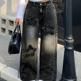 SHOPMOCHO Girls Y2K Washed Fabric Five-Star Pattern Patchwork Denim Straight-Leg Pants Versatile Trendy All-Seasons.Full elastic waistband