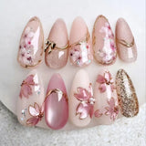 SHOPMOCHO 24pcs False Nails Glossy Green Summer Almond Fake Nail Tips Wearable Detachable Fashion Flower Print Press on Nails for Girl