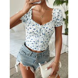 SHOPMOCHO Bohemia Summer Y2k Women's T-shirt Puff sleeve French shirt female Sexy slim Short sleeve woman T-shirt V-neck floral short top