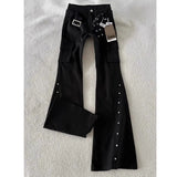 SHOPMOCHO Autumn American Retro Dark Gothic Jeans Women High-street Mid-rise Rivet-decorated Flared Pants Y2K 2000s Aesthetic Cargo Pants