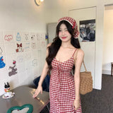 SHOPMOCHO-Red Plaid Off-Shoulder Summer Dress Women's Slim Fit Waist-Cinching Long Skirt V-neck Midi Dress Polyester Fiber Sleeveless