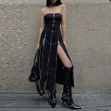 Shopmocho Goth Dark Techwear Fashion Zip Up Midi Dresses Cyber Y2k Mall Gothic Split Women Tube Dress Partywear Punk Off Shoulder Outfits