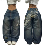 Shopmocho 2025 New American Trend Retro Hip-hop Embroidery Pattern Baggy Jeans For Men And Women Y2K Harajuku Gothic Wide Pants Streetwear