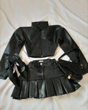 SHOPMOCHO Y2k Leather Denim Patchwork Two Piece Set Women Hip Hop Patchwork Zippered Long Sleeve Jacket Sexy Short Denim Skirt Fashion Set