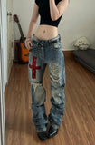 SHOPMOCHO Harajuku Streetwear Women Low Waist Flare Denim Jeans Y2K Vintage Washed Distressed Butterfly Embroidery Rivet Zipper Trousers