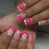 Shopmocho 24pcs Ballet Fake Nails Summer Pink White Bow Design French White Edge Flash Diamond High Saturation Full Coverage Fake Nai