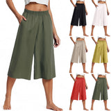 Shopmocho Feamle Casual and Versatile Lazy Style Wide Leg Pants With Pockets Lightweight High Waisted Loose Cropped Capris