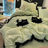 SHOPMOCHO Korean Style Bedding Set Green Strip Black Cat Embroidery Washed Cotton  Duvet Cover Cute Cardboard  Bed linen Comforter Sets