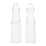 Shopmocho Combhasaki Women Summer Elegant Strapless Sheer Ruffle Hem Patchwork Backless High Split A-line Party Tube Long Dress with Scarf