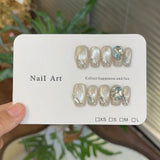 SHOPMOCHO 10Pcs Handmade Nude Color Press On Nails Sparkling Cat-Eye Cherry Star Marine Elements Sequins Cute Girlish Nail Suitable Summer