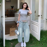 SHOPMOCHO 2025 Summer Sexy Vintage Style Harajuku Blue Jeans Women's Y2K Punk Street Baggy Denim Trouser Casual Mop Calf Length Pants
