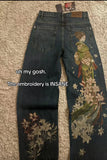 SHOPMOCHO Hip Hop Cherry Blossom Embroidery Baggy Jeans Harajuku Women Wide Leg High Waisted Denim Pants Y2k Trend Jeans Women Clothing