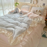 SHOPMOCHO Ruffled Pink Blue Duvet Cover Set Twin Queen Washed Microfiber Ultra Soft Bedding set Grid Duvet Cover Bed Sheet 2 Pillowcases