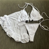 SHOPMOCHO White Mesh Cover Up Swimwear String Halter 3 Piece Bikini Set Micro Thong Swimsuit Beachwear Ruffled Triangle Bikinis 2025 Mujer