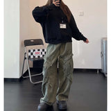 SHOPMOCHO Retro American Denim Work Pants Women's Spring Autumn Loose Wide Leg Slimming Pleated Straight Long Pants Large Pocket