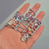 Shopmocho Vintage Colorful Crystal Stone Rings Set for Women Trendy Gold Silver Color Glazed Ring Set Geometric Resin Rings Party Jewelry