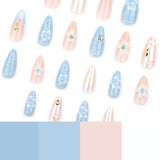 Shopmocho 24pcs Light Blue False Nails Summer Beach Style Seashell Starfish Flower Pattern Press On Nails Smudging French Almond Fake Nail
