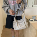 Shopmocho Korean Nylon Shoulder Bag Fashion Simple Plaid Zipper Tote Bag Drawstring Pleated Cloud Bag New Commuter Crossbody Shoulder Bag