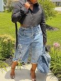 SHOPMOCHO Women's Denim Bermuda Shorts - Ripped Double Waistband Washed Blue Knee Length Jean Shorts, Non-Stretch Casual Relaxed Fit with Pockets, Perfect for Weekend Outings, Daily Leisure & Streetwear