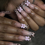 Shopmocho 24pcs Rhinestones Full Cover Nail Art Datachable Glitter French Press on Nails Tip Flower Long Square Fake Nail Pink False Nails