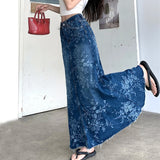 Shopmocho 2025 Trend Women's Y2K Jeans Skirt - Flared Hem High Waist Printed Denim Maxi Skirt  A-Line Bodycon Midi Length Wrap Skirt