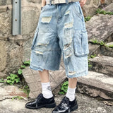 SHOPMOCHO American New Fashion Heavy Industry Deconstruction Hole Wash Jeans Cropped Pants Men Women Y2K Gothic Multi-pocket Overalls