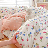 Shopmocho Tulip Flower Duvet Cover Set Single Queen Size Botanical Floral Bedding Set Soft Reversible Comforter Cover with 2 Pillowcases
