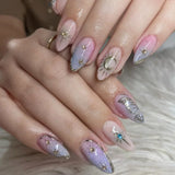 SHOPMOCHO 24Pcs Short Almond Fake Nails Butterfly Wings Nail Art with Glue Glitter Flower False Nails Acrylic Autumn Winter Press on Nail