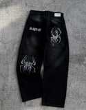 SHOPMOCHO Hip Hop Gothic Retro Spider Pattern Embroidery Baggy Jeans Y2k America Trendy Punk Mens Straight Wide Leg Denim Pants Black Jean