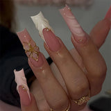 Shopmocho 24pcs Rhinestones Full Cover Nail Art Datachable Glitter French Press on Nails Tip Flower Long Square Fake Nail Pink False Nails
