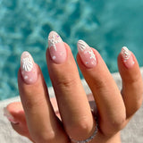 Shopmocho Blue White French 3D Flower Shell Nail Art Summer Beach Fashion Almond False Nails Detachable Finished Fake Nails Press on Nails