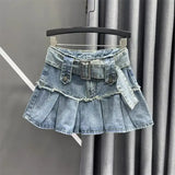Shopmocho Retro Street Fashion Washed Denim Two-Piece Skirt Set Women Hip Hop Harajuku Goth Halves Neck Top Mini Pleated Skirt Trendy Set