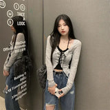 SHOPMOCHO Korean Two Piece Set Lace-up Cardigan with Cami Women's Sexy Slim Y2K Crop Long Sleeve Criss Cross Knit Tops Acubi Outfit