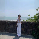 Shopmocho American Retro Butterfly Knot Full Print Paratrooper Pants Women Spring Summer Wide Leg Drawstring Casual Long Trousers