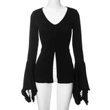 SHOPMOCHO Goth Dark Fairy Grunge Flare Sleeve V-neck T-shirts Gothic Split Sexy Lettuce Hem Female Blouses Y2k Black Slim Fashion Alt Tops