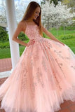 Shopmocho Tulle Spaghetti Straps Prom Dresses Long Lace Appliques Ball Gowns for Women