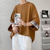 SHOPMOCHO men t shirts Summer Men's T-shirts Women Oversized 2XL Korean Style Loose Plaid T-shirt Casual Seven sleeves T-Shirt Male White