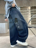 SHOPMOCHO Boy's loose-fit trendy rear pocket embroidered design denim straight-leg pants, comfortable stretch elastic waist.