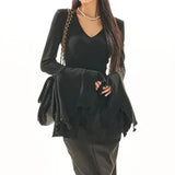 SHOPMOCHO Goth Dark Fairy Grunge Flare Sleeve V-neck T-shirts Gothic Split Sexy Lettuce Hem Female Blouses Y2k Black Slim Fashion Alt Tops