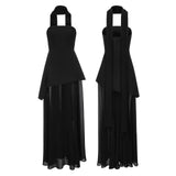 Shopmocho Combhasaki Women Summer Elegant Strapless Sheer Ruffle Hem Patchwork Backless High Split A-line Party Tube Long Dress with Scarf