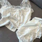 SHOPMOCHO-White Women Pajamas Summer Sleepwear Spaghetti Strap Shorts Sets 2 Pieces Lace Night Wears Korean Sleeping Lace Home Suit 2025