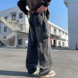 SHOPMOCHO 2025 new men's cement grey work jeans Y2K street hip-hop large pocket wide-leg straight jeans trousers jogging black light blue